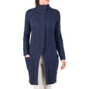 Woolovers Blue 100% Aran Cable Wool Long Cardigan medium